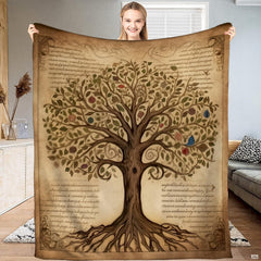 Tree bedding set showcasing an antique Tree of Life manuscript design with ornate scrollwork.