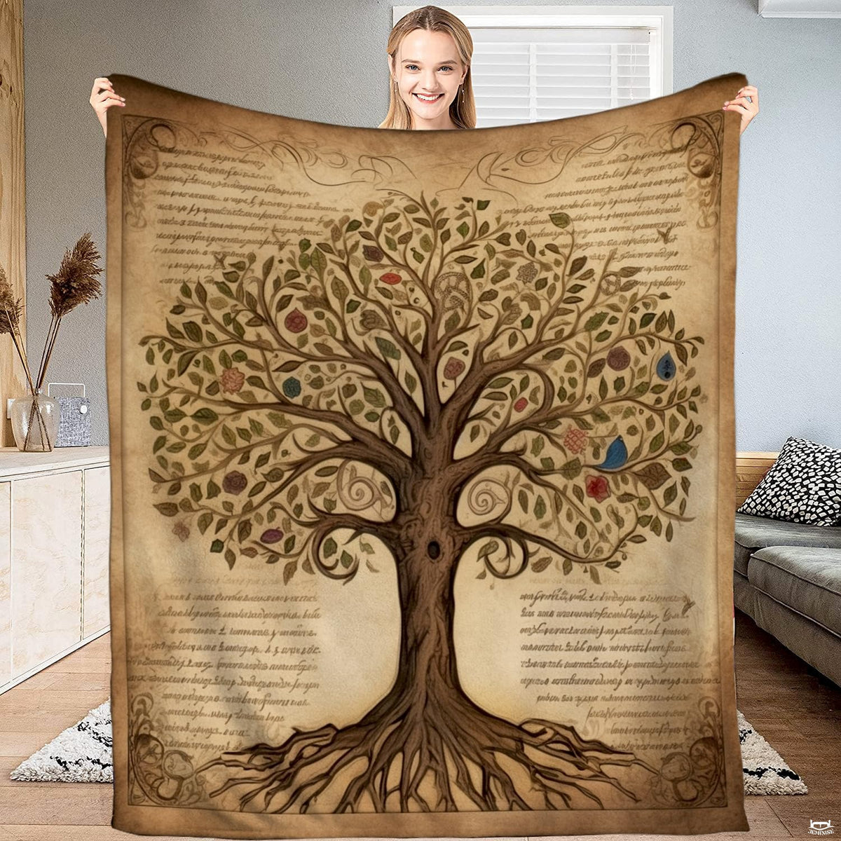 Tree bedding set showcasing an antique Tree of Life manuscript design with ornate scrollwork.