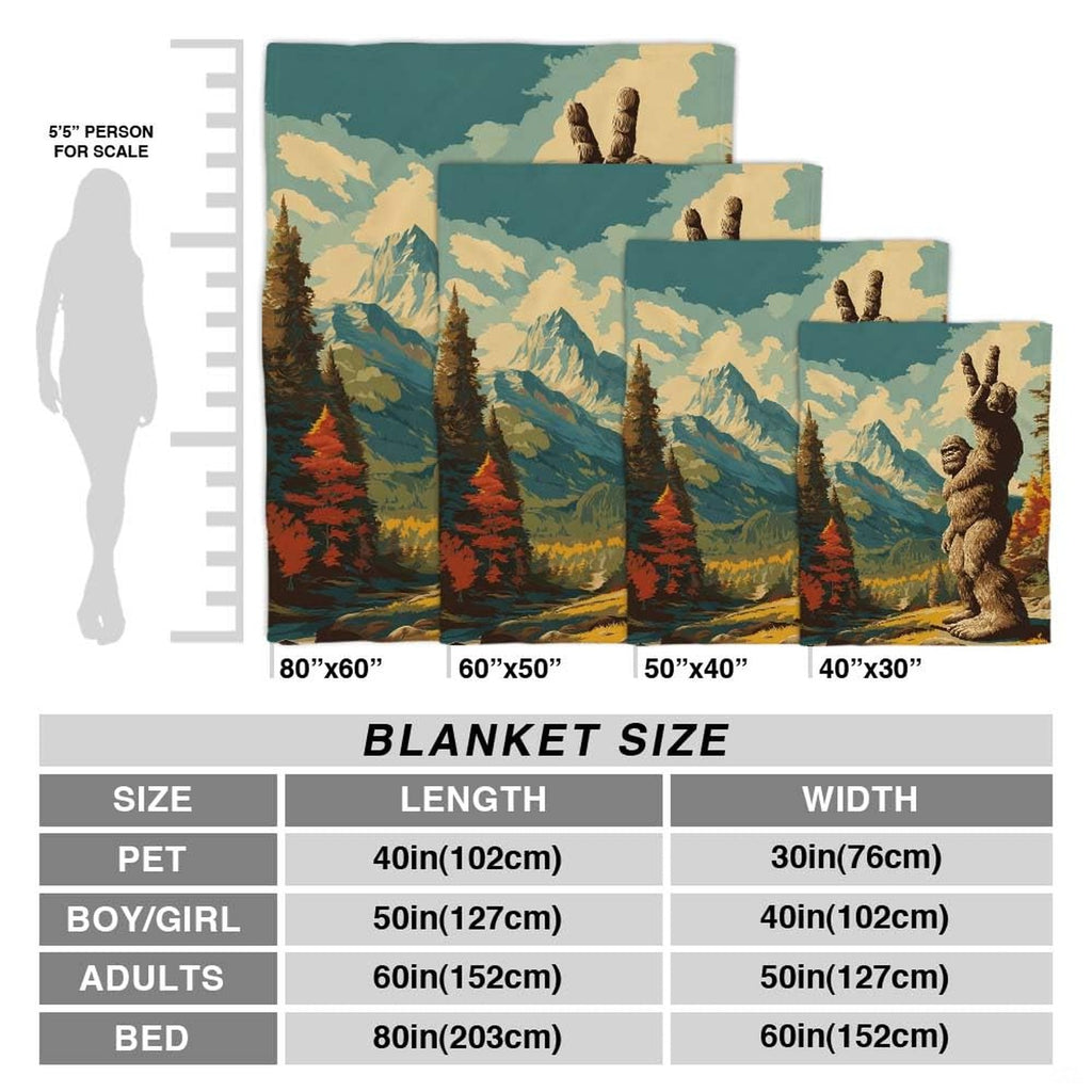 Infographic sizing reference for bigfoot mountain forest blanket