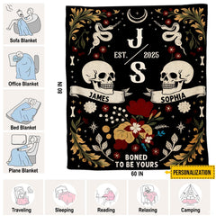 Lifestyle display of the gothic skull blanket in an alternative home setting.