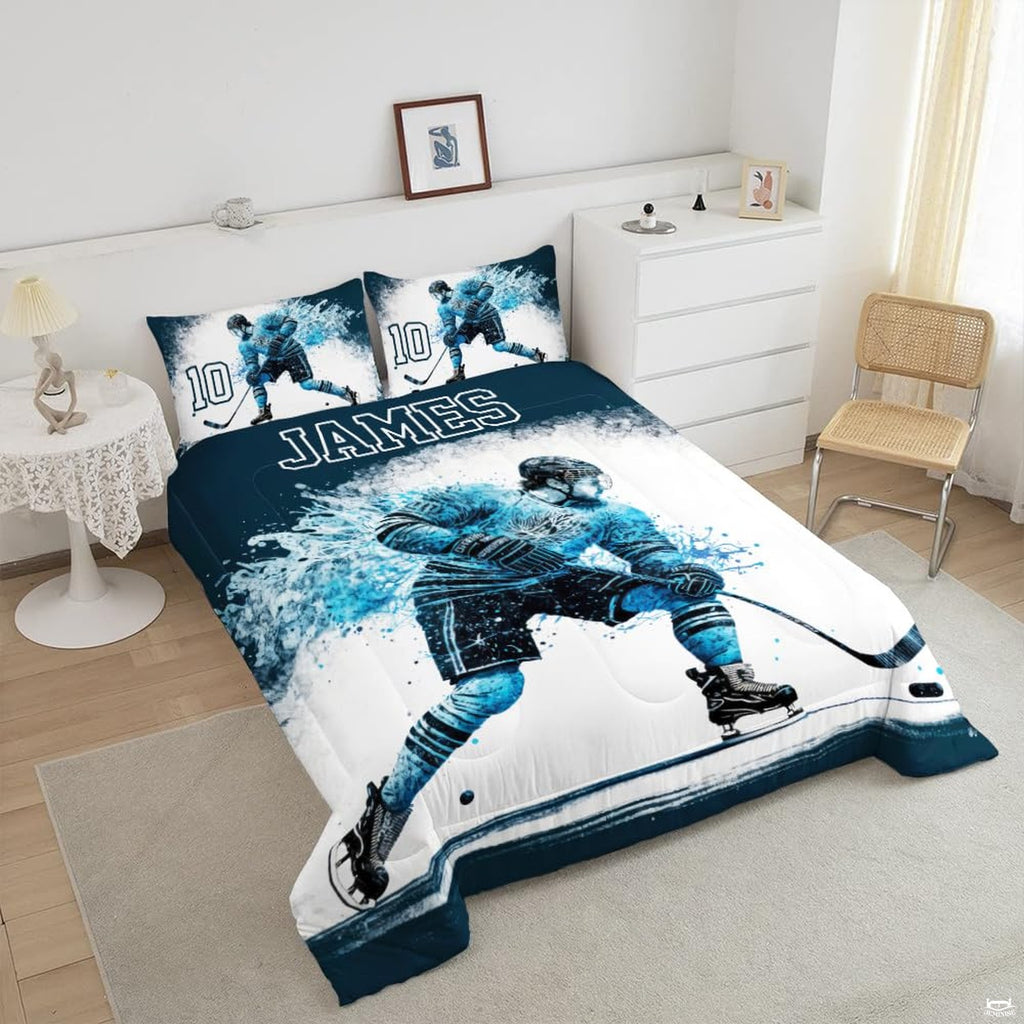 Close-up perspective of hockey bedding highlighting goalie silhouette, ice spray effects, and equipment graphics