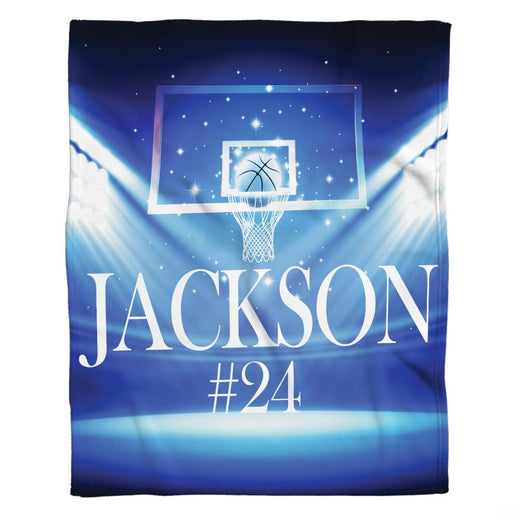 Basketball arena bedding set featuring illuminated backboard and hoop glowing under stadium floodlights.