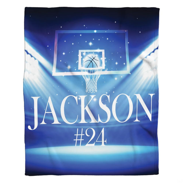 Basketball arena bedding set featuring illuminated backboard and hoop glowing under stadium floodlights.