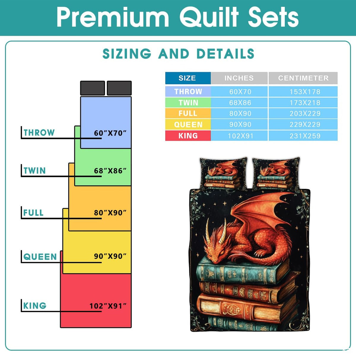 Sleeping dragon bedding sizing infographic
