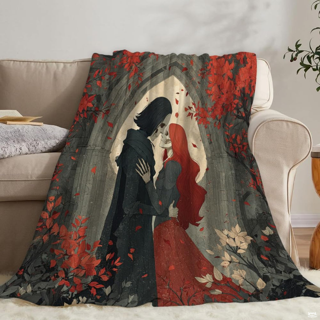 Detail view of stone arch texture and crimson ivy print on gothic throw blanket