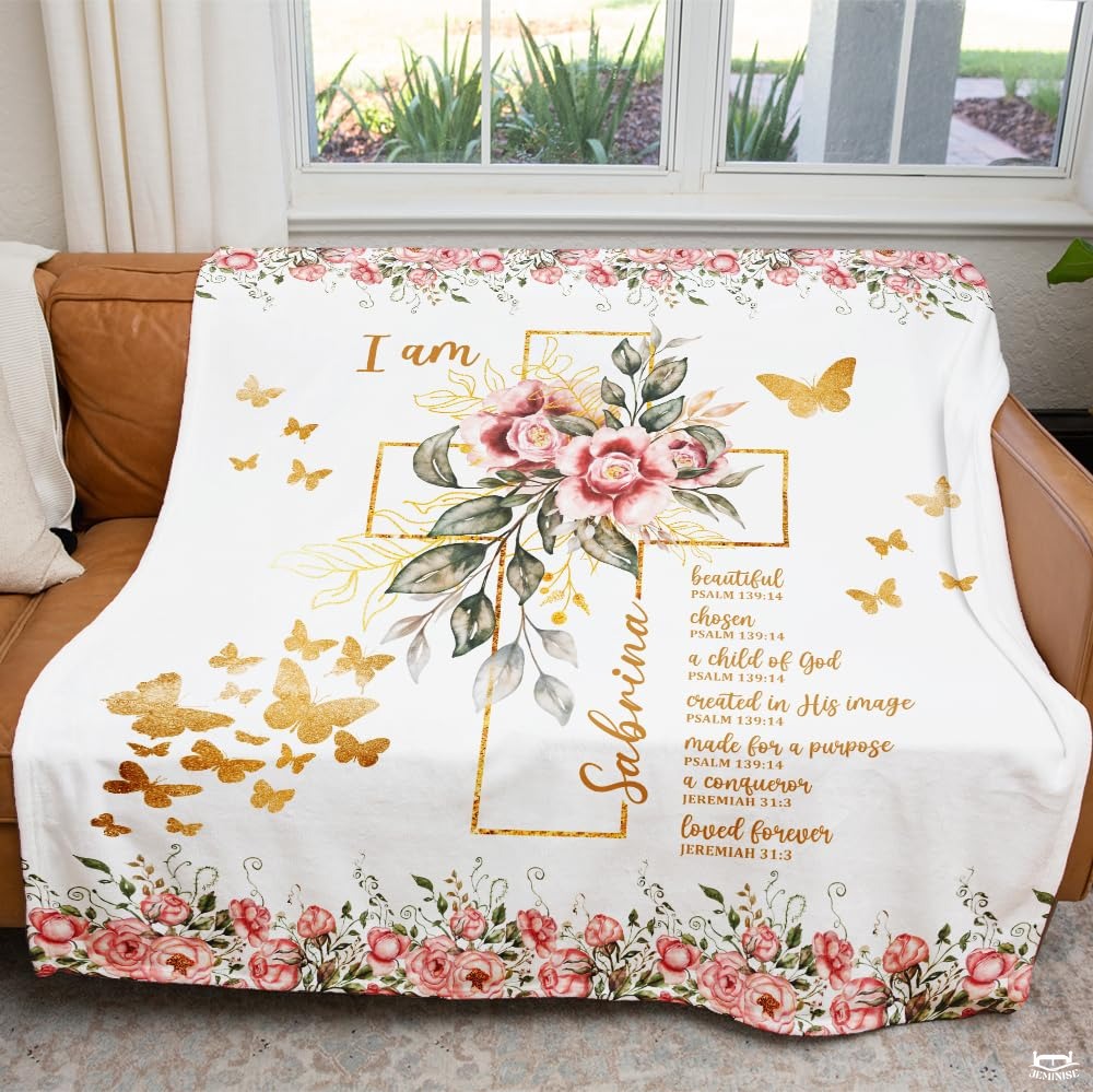 Custom Floral Cross with Butterflies Blanket, Machine Washable
