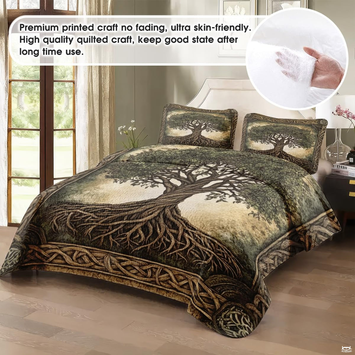 Matching pillowcase detail for Tree of Life bedding set showcasing sacred oak tree and ornate Celtic knot border