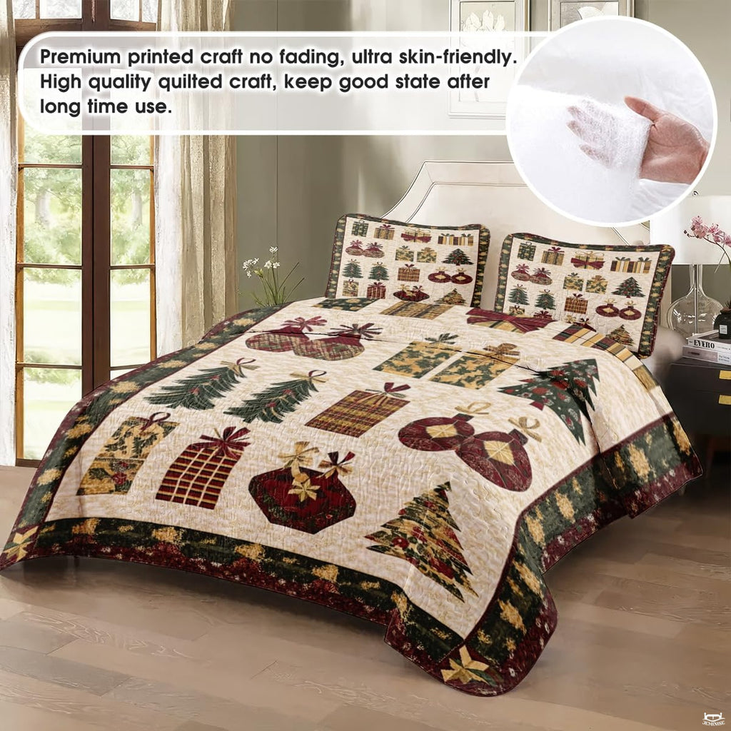 Close-up view of holiday bedding showcasing snowman illustration, golden wheat tones, and pine wreath