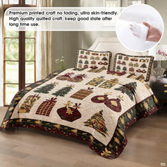 Close-up view of holiday bedding showcasing snowman illustration, golden wheat tones, and pine wreath