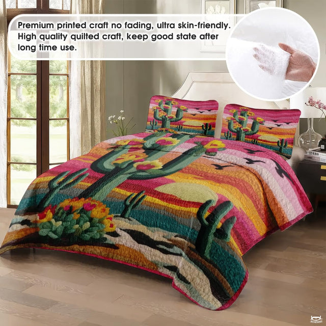 Personalized Desert Sunset Cactus Floral Quilt Set, Machine Washable