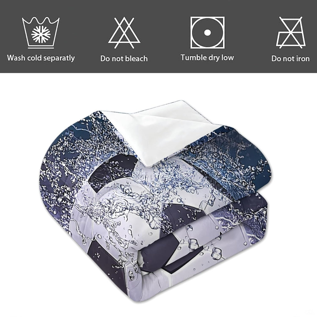 Draped angle of blue lightning soccer bedding highlighting bold athletic varsity typography