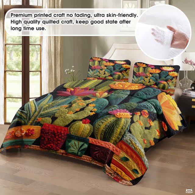 Personalized Flowering Cactus & Succulent Garden Quilt Set - Design 5