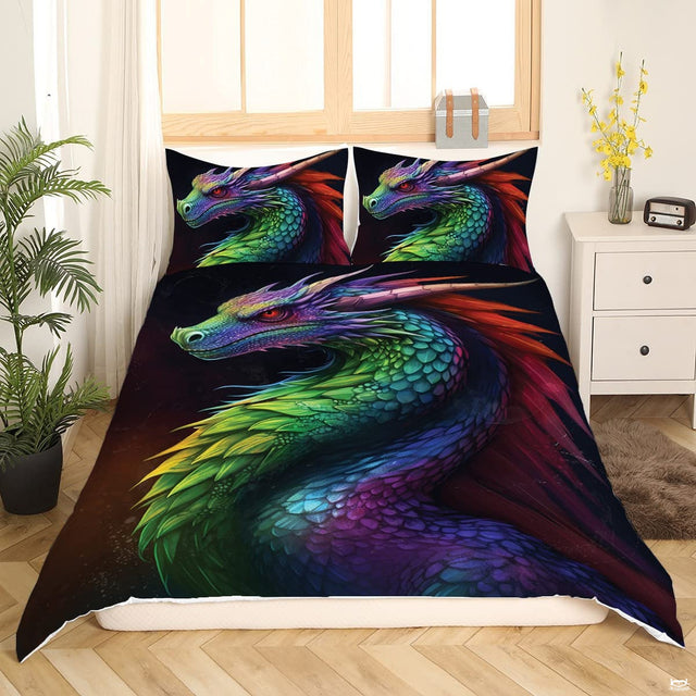 Prismatic dragon bedding depicting a regal horned dragon profile with vivid rainbow scales on dark background