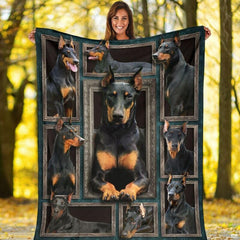 Outdoor view of a model holding up the full Doberman Pinscher gallery throw blanket.