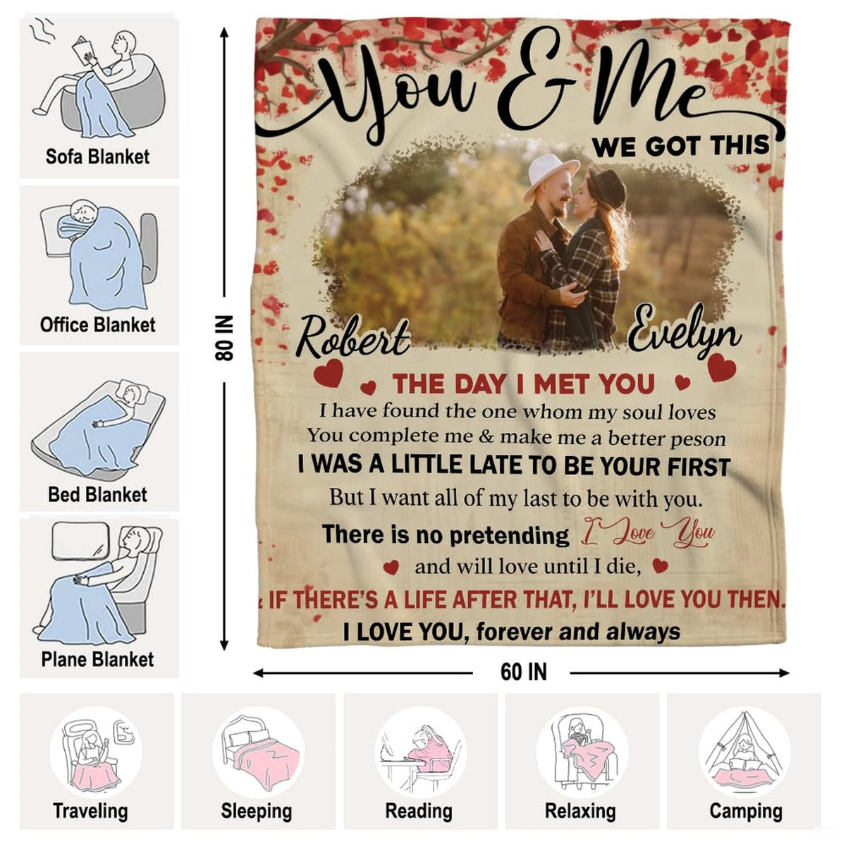 Detailed visual of scattered red hearts and crimson rose petals across cream backdrop decor.