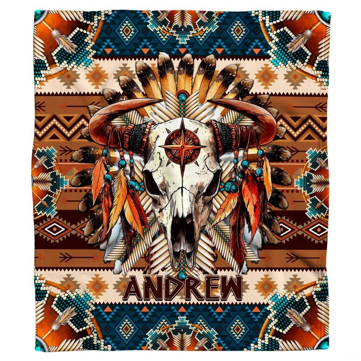 Close-up view of bull skull horns, hanging feathers, turquoise beads, and star emblem.