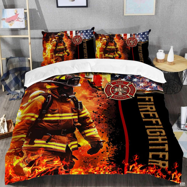 Orange and black responder artwork with reflective bands, flames, stars, stripes, and round emblem
