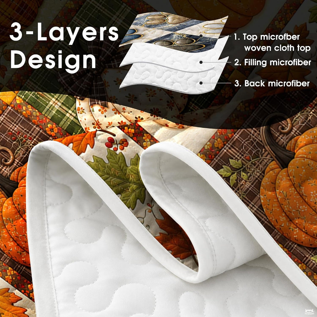 Top-down view of the charming rustic pumpkin grid and fall foliage bedding set