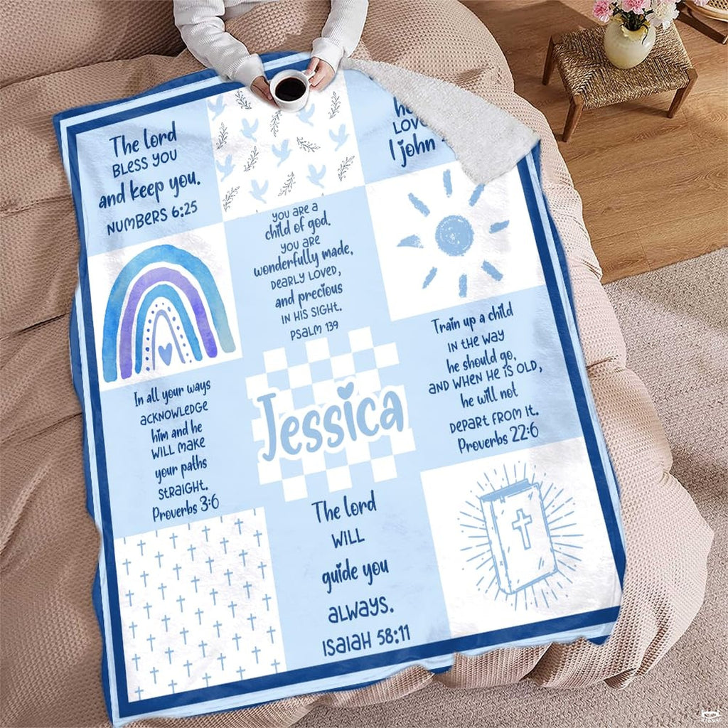 Blue scripture bible verses patchwork faith blanket showing rainbow and bible motif view 4