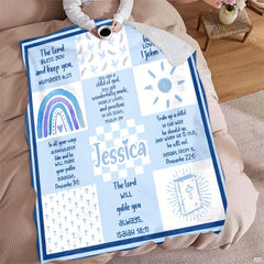 Blue scripture bible verses patchwork faith blanket showing rainbow and bible motif view 4
