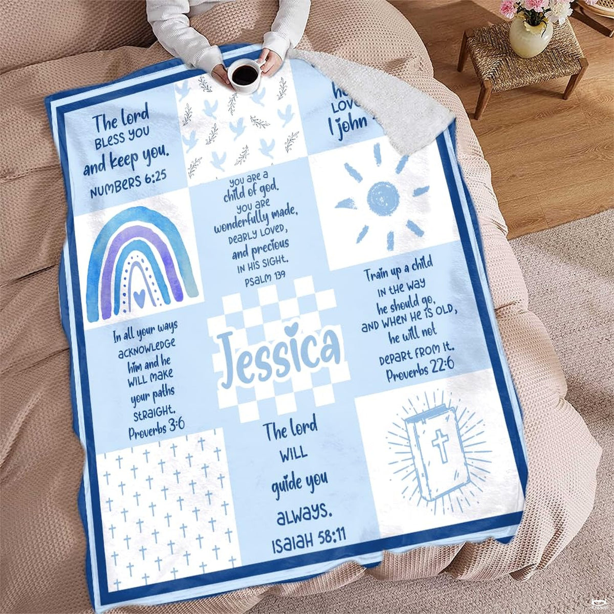 Blue scripture bible verses patchwork faith blanket showing rainbow and bible motif view 4