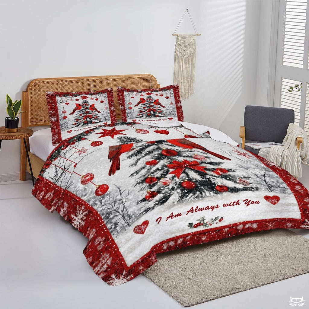 Cardinals Perched Beside Decorated Christmas Tree Patchwork Winter Quilt