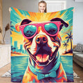Colorful pop art pitbull wearing pink sunglasses and turquoise bow tie against tropical beach sunset, view 1.
