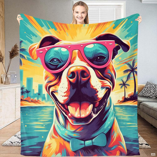 Colorful pop art pitbull wearing pink sunglasses and turquoise bow tie against tropical beach sunset, view 1.
