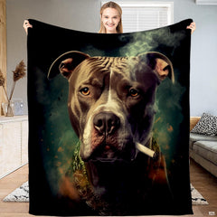 Pit bull portrait bedding set featuring canine with cigarette, swirling smoke, and ornate beaded collar in emerald tones.