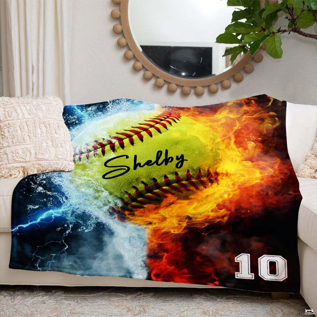 Fire and ice softball artwork blanket styled across modern couch