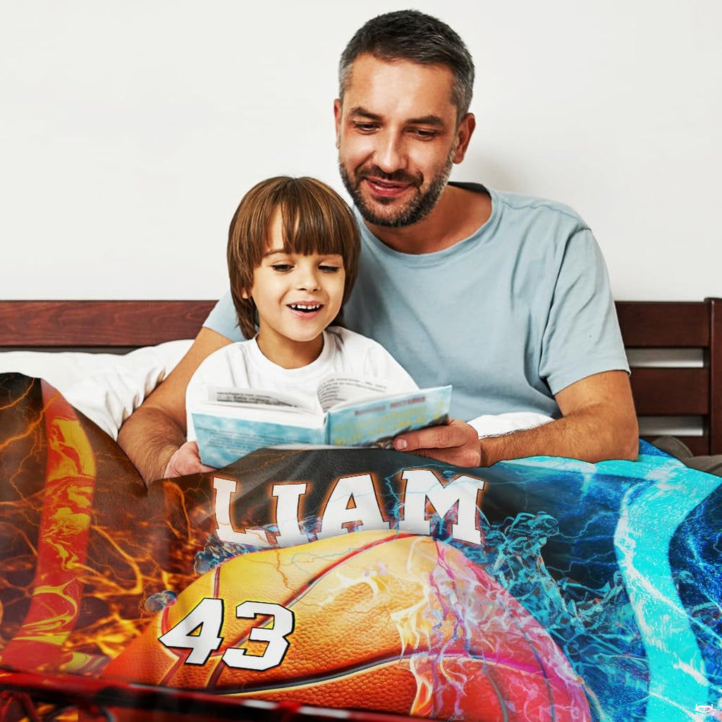 Close-up perspective of glowing basketball sinking into net with vivid fire and ice court elements.