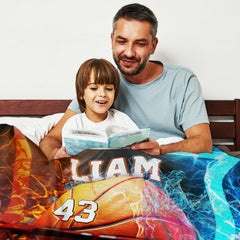 Close-up perspective of glowing basketball sinking into net with vivid fire and ice court elements.