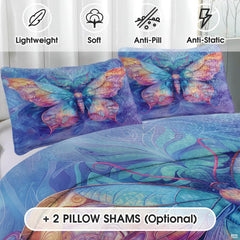 Close-up detail of botanical patchwork bedding displaying stylized butterfly wings, floral petals, and periwinkle accents.