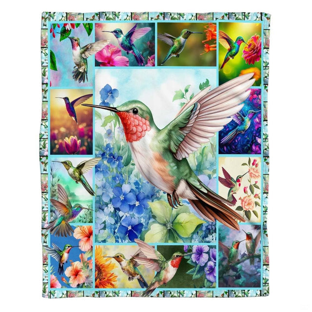 Ruby hummingbird hydrangea throw blanket view 2 highlighting colorful plumage artwork and home styling