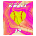 Softball heart neon pink marble swirl blanket held upright against white background