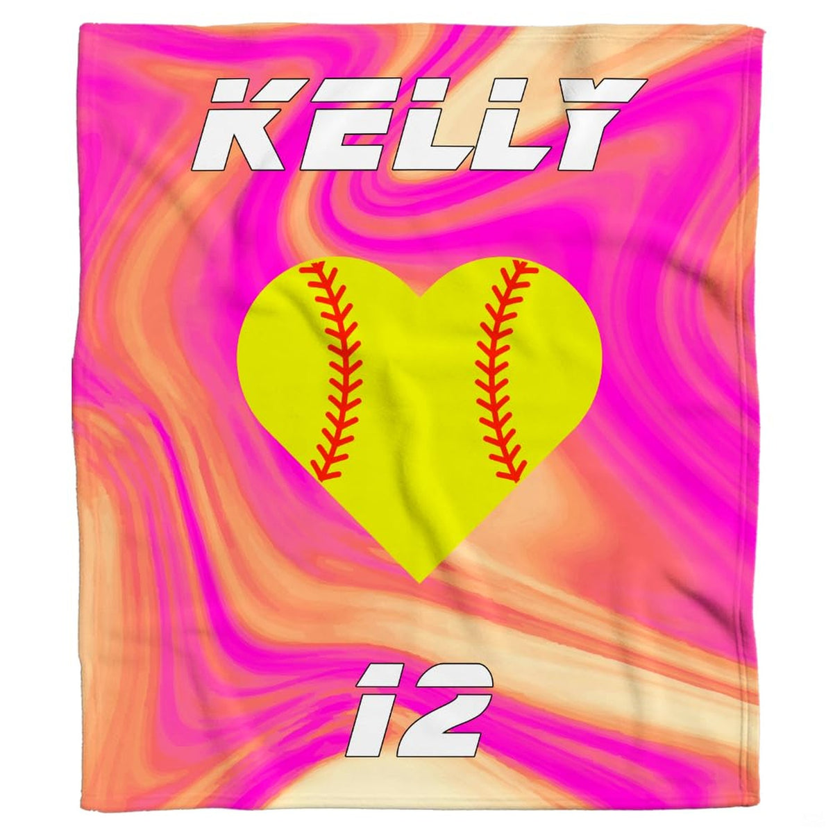 Softball heart neon pink marble swirl blanket held upright against white background