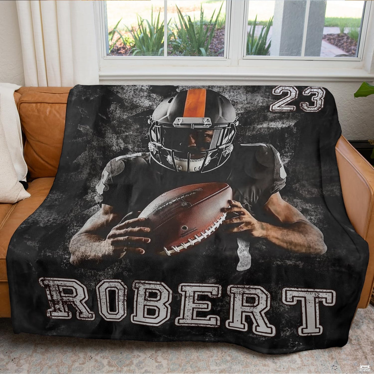Home interior showcase of bold football player graphic with textured sports details.