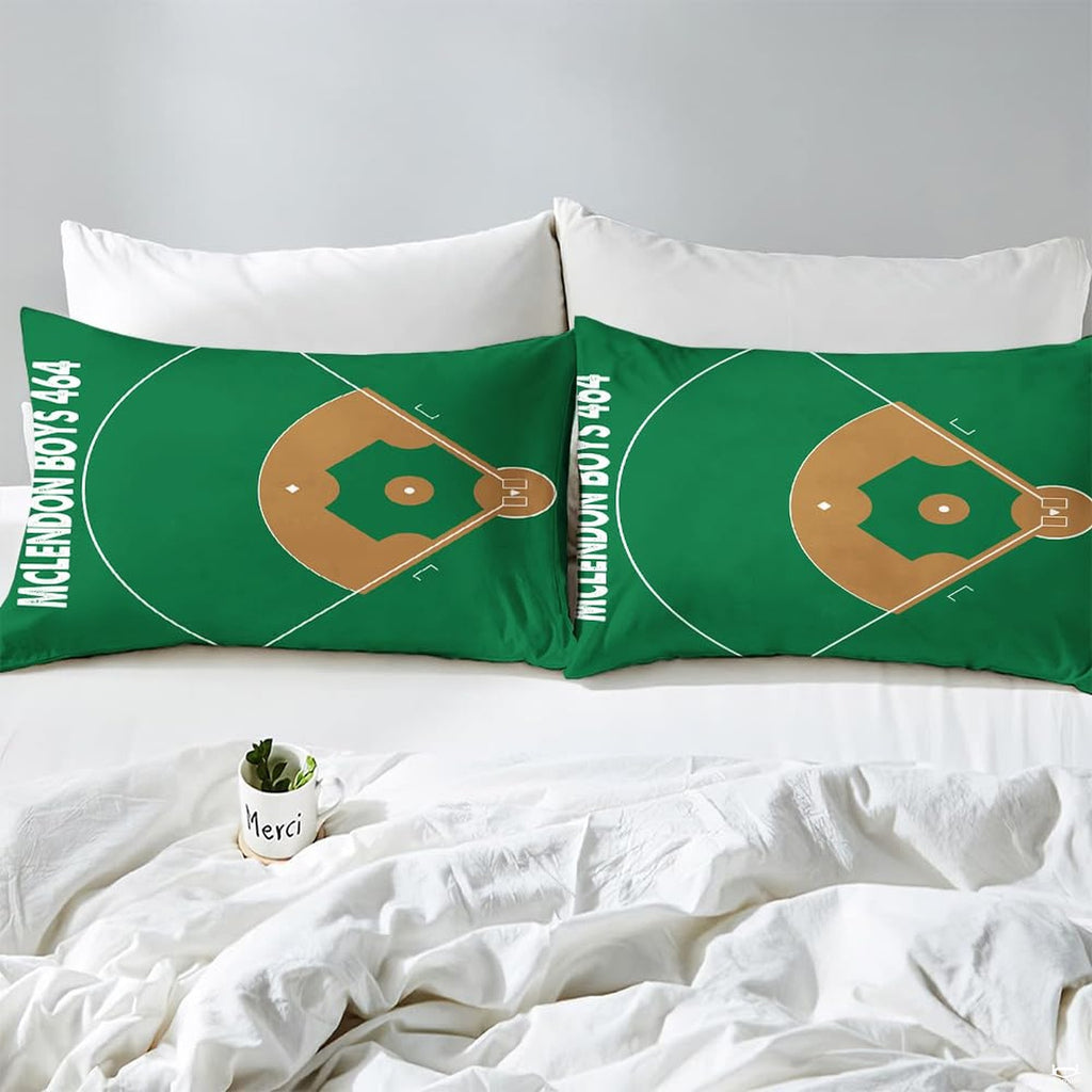 Side angle view of athletic sports bedding showing vibrant green and gold tones draped on mattress
