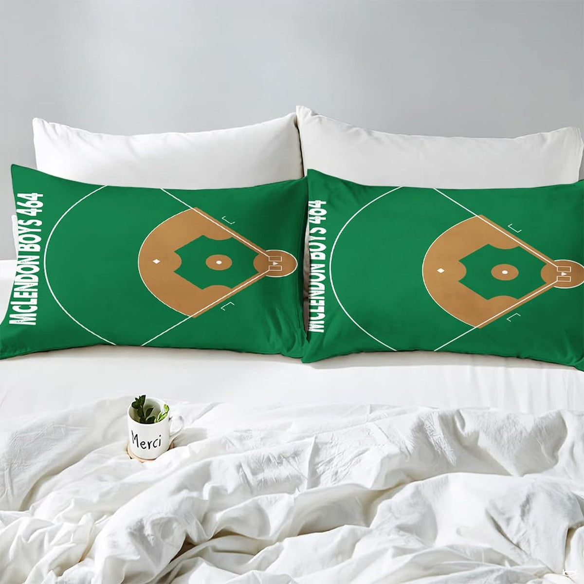 Side angle view of athletic sports bedding showing vibrant green and gold tones draped on mattress