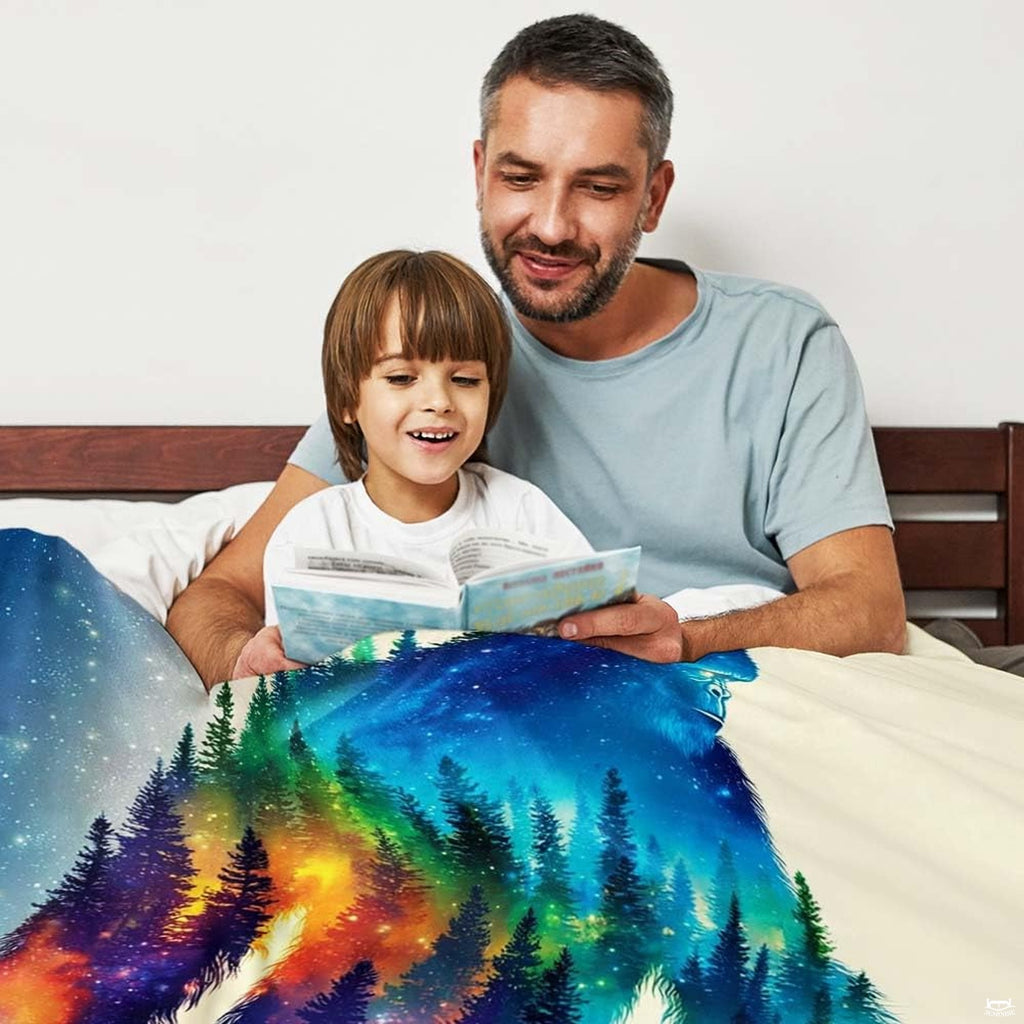 Cosmic Bigfoot throw blanket view 3 highlighting celestial galaxy art and pine forest silhouette detailing