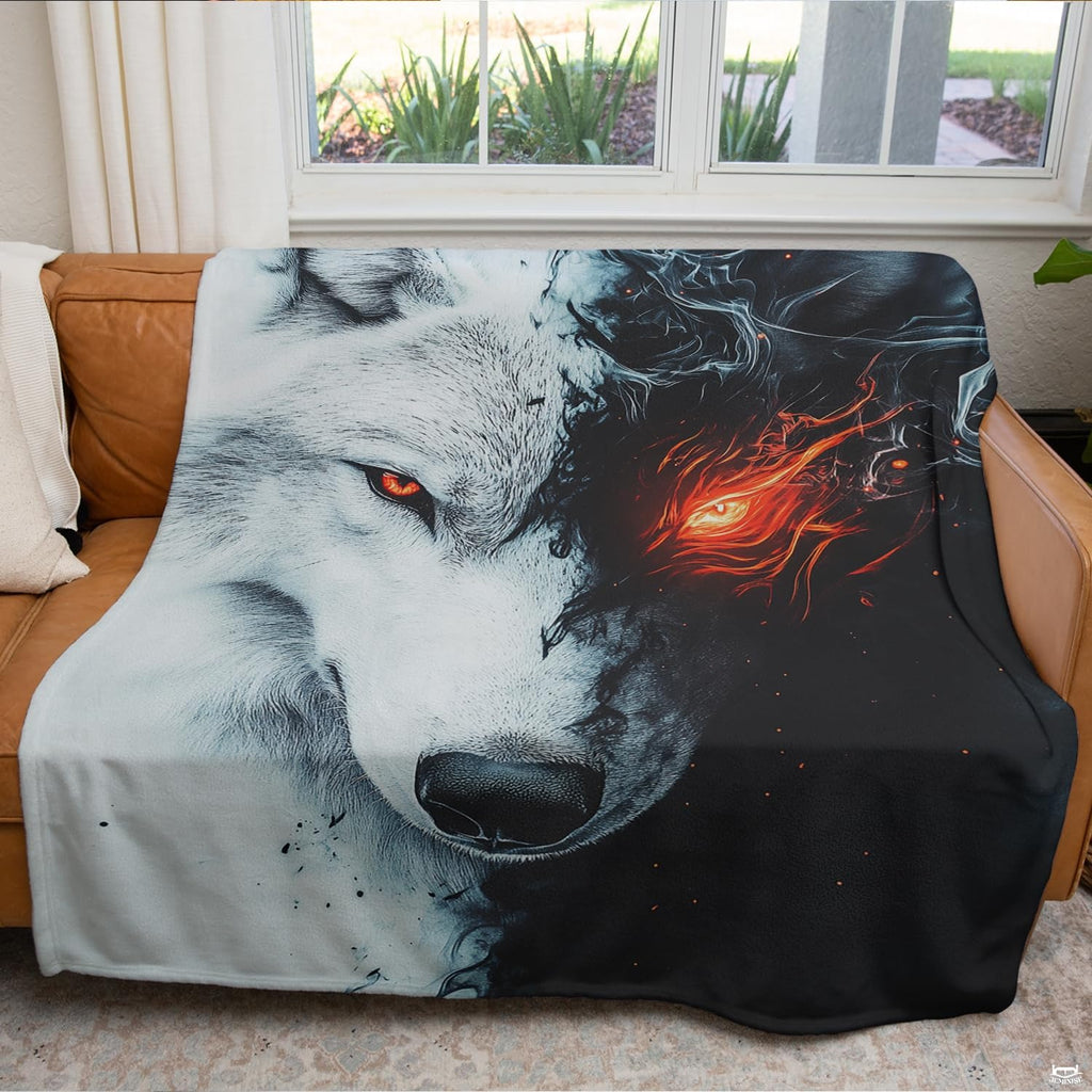 Graphic wolf face bedding set centered in a modern bedroom with moody gray accent lighting.