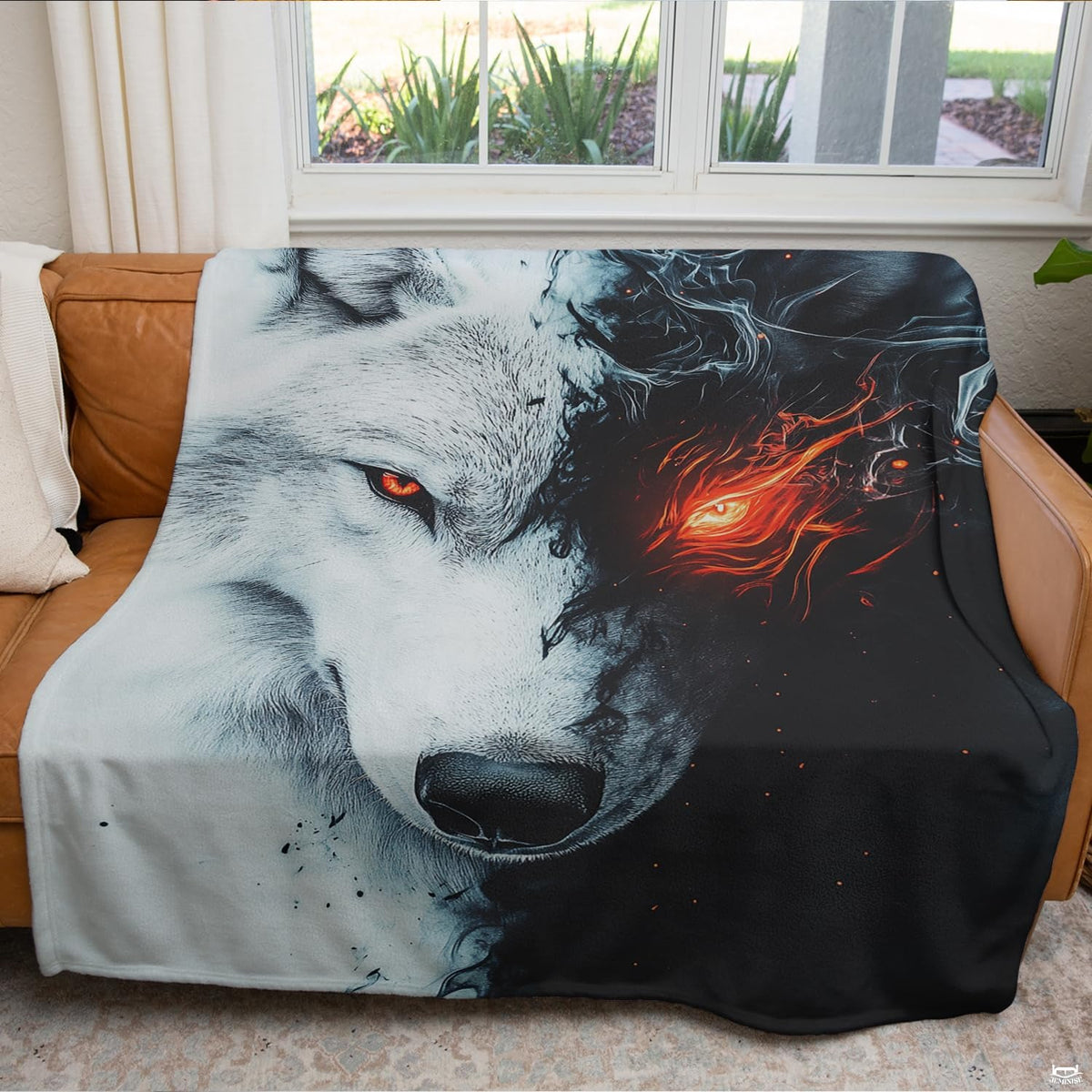 Graphic wolf face bedding set centered in a modern bedroom with moody gray accent lighting.