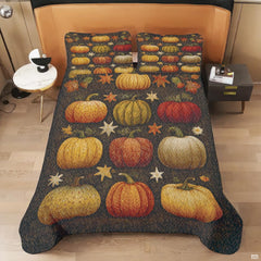 Seasonal fall bedroom styling featuring colorful rustic pumpkin motif bedding with autumn leaves and golden stars.
