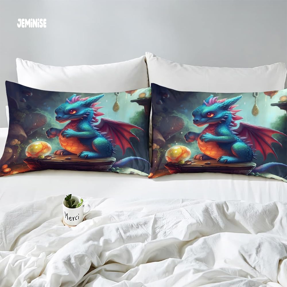 Jeminise Cute Baby Dragon Comforter Set, Fantasy Bedding