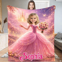 Blonde fairy tale princess holding rose bouquet before glowing kingdom castle illustration