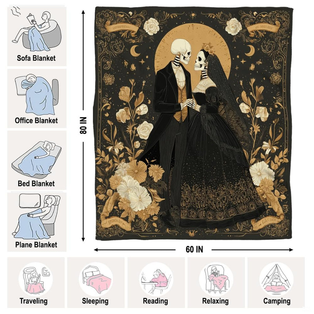 Folded gothic skeleton romance throw blanket styled on a vintage armchair