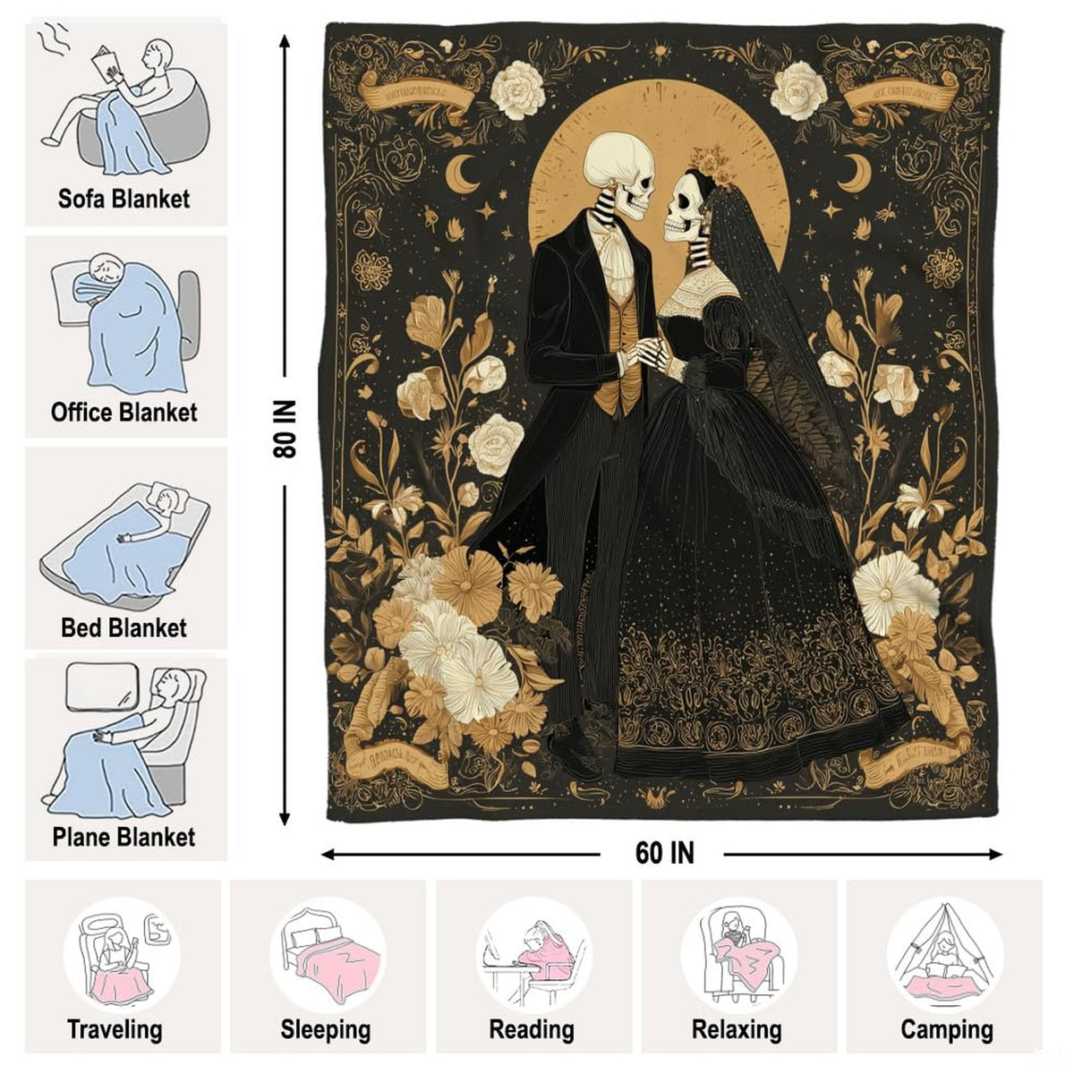 Folded gothic skeleton romance throw blanket styled on a vintage armchair