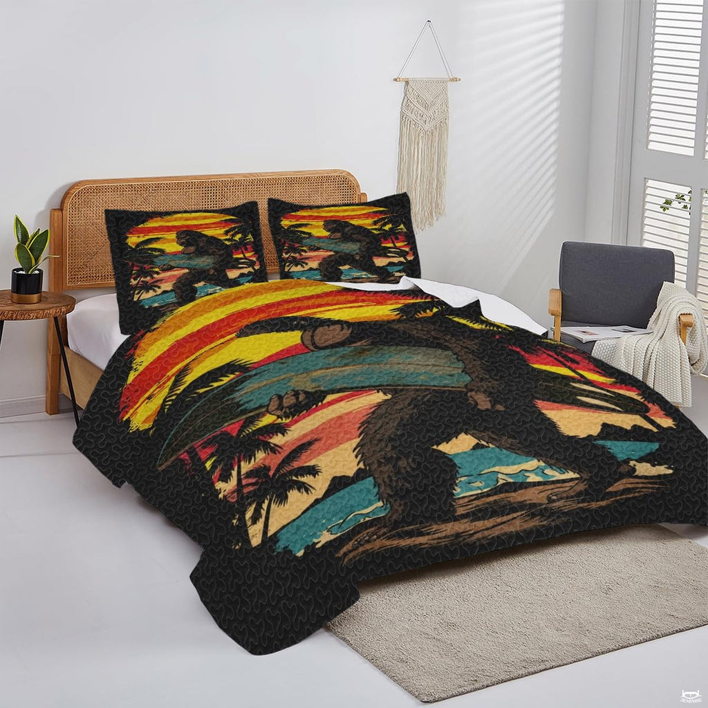 Coastal bedroom decor styling featuring a surfing Bigfoot retro sunset bedding set