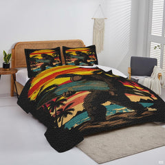Coastal bedroom decor styling featuring a surfing Bigfoot retro sunset bedding set