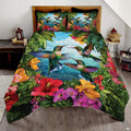 Tropical hummingbird bedding displayed in a bright bedroom